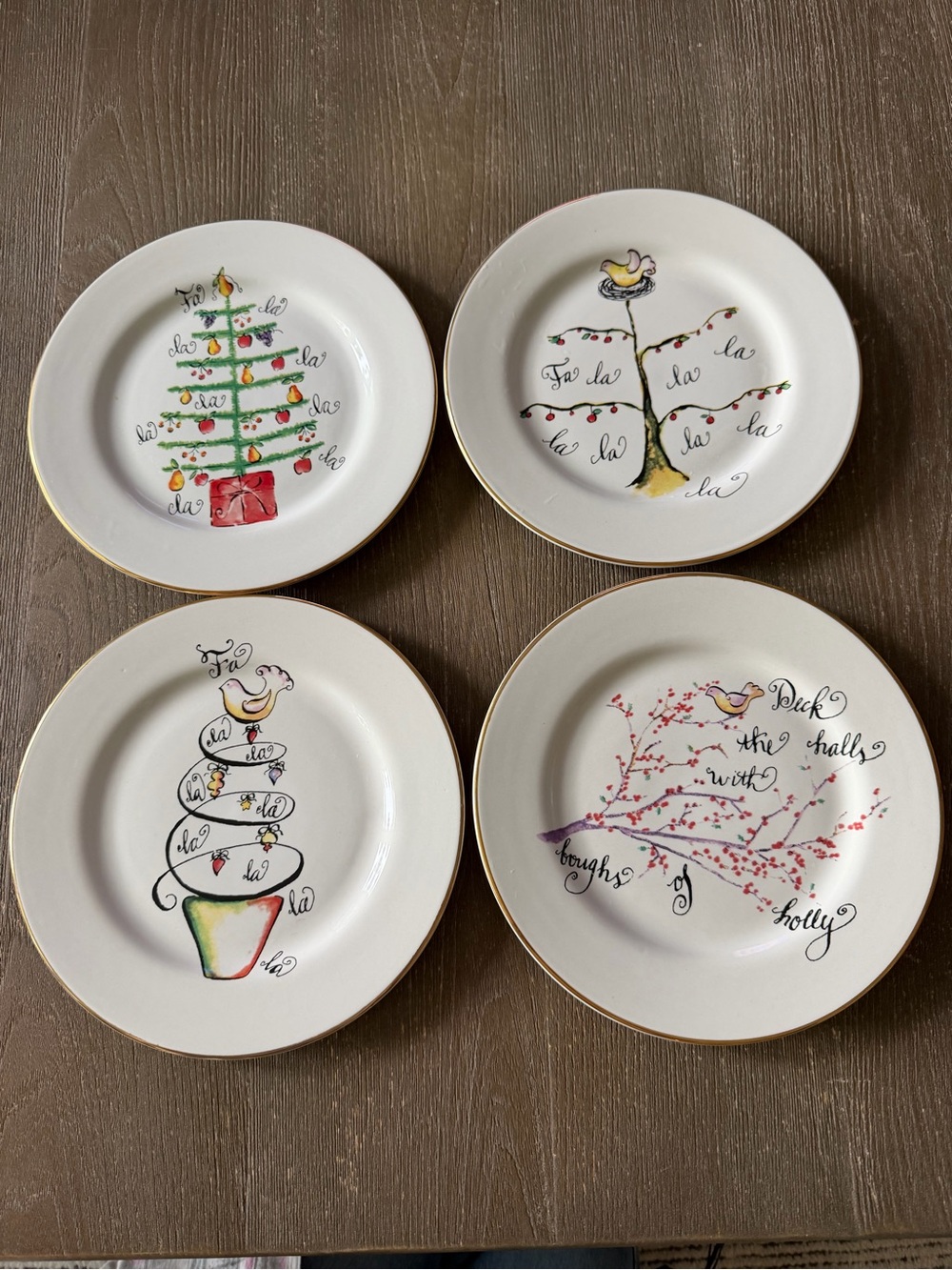 Rosanna Christmas 8” Plates - Set 4 Birds Gold Trim Fa La La Holiday